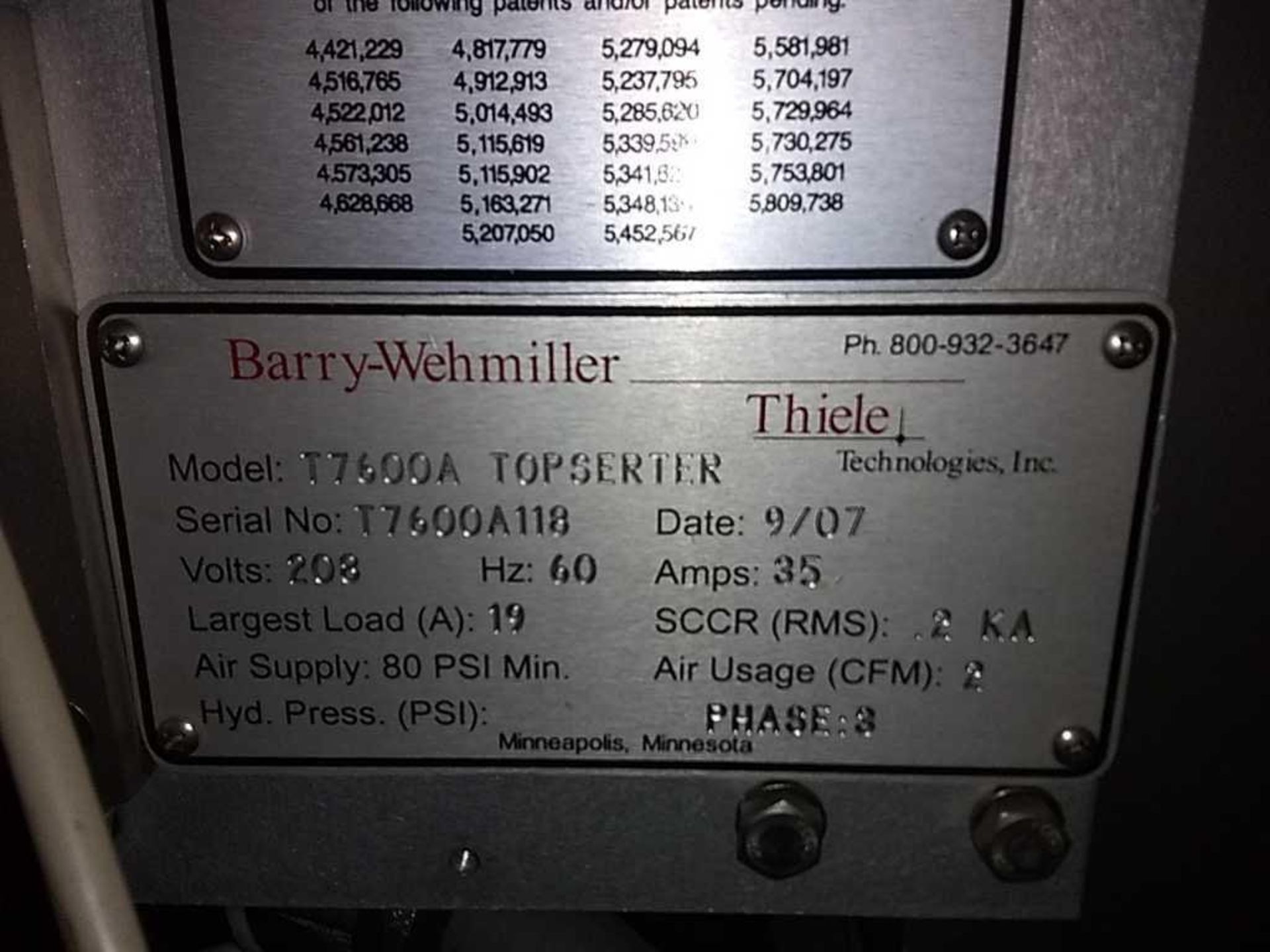 Barry-Wehmiller Thiele Technologies Model T7600A Top-Sorter In-line Insertion Machine, sn T7600A118, - Image 6 of 15