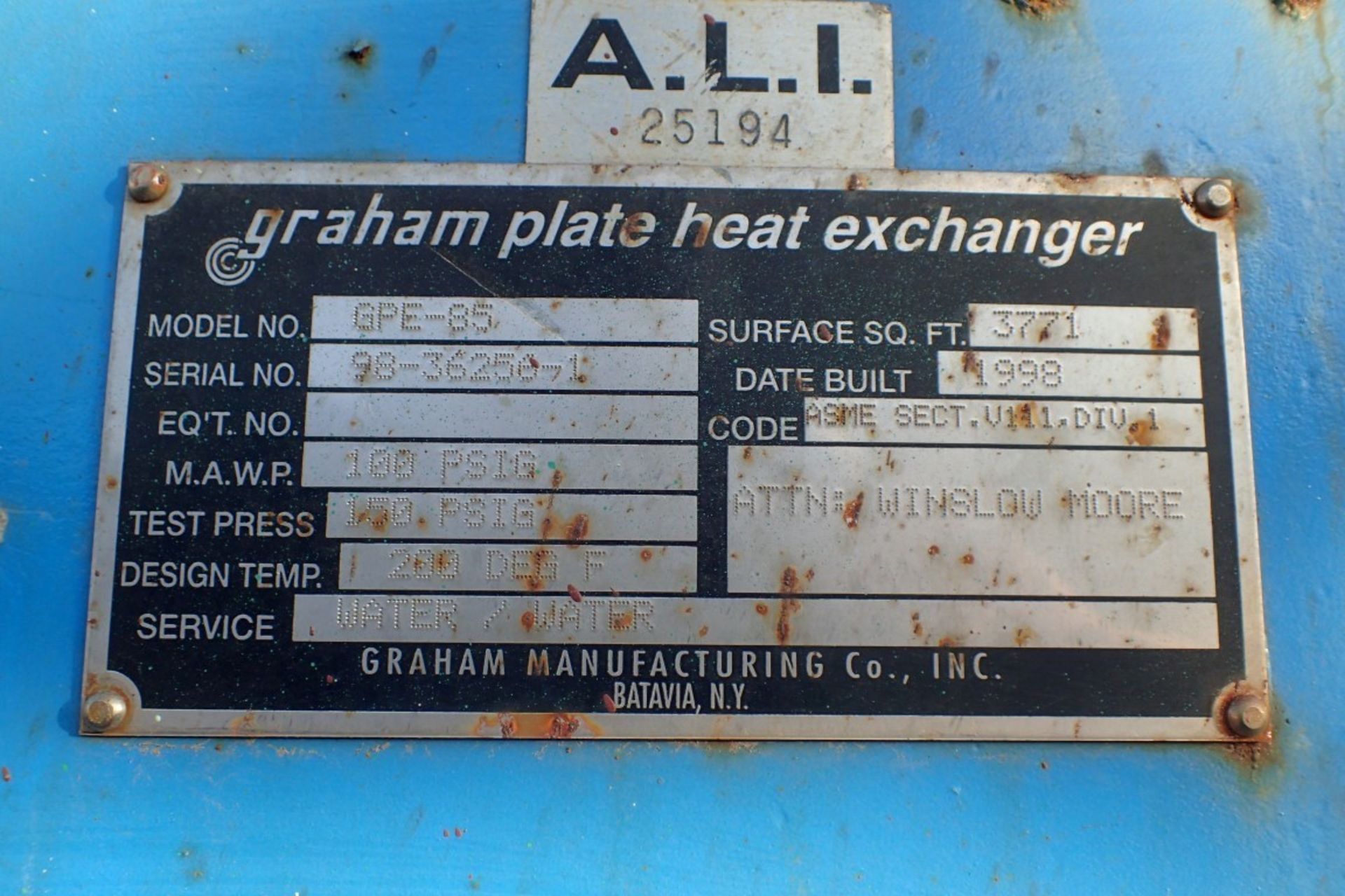 Graham Plate Heat Exchanger, 3771 Square Feet, Model GPE-85. Stainless steel plates rated 150 psi - Image 5 of 5