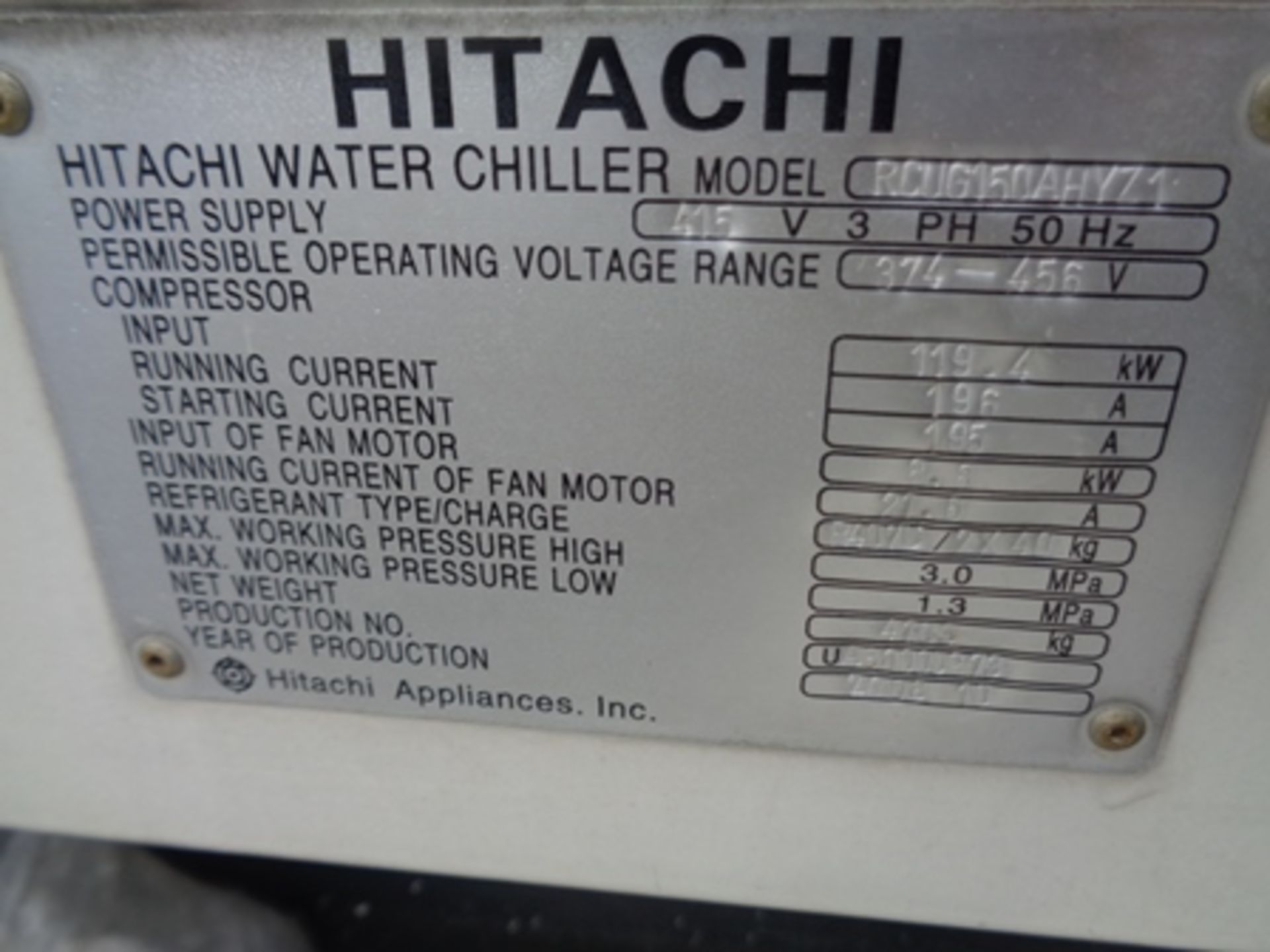 Hitachi ""H Series"" air cooled chiller model RCUG 150AHYZ1. 103 tons. new 2011. Chiller utilizes - Image 4 of 4