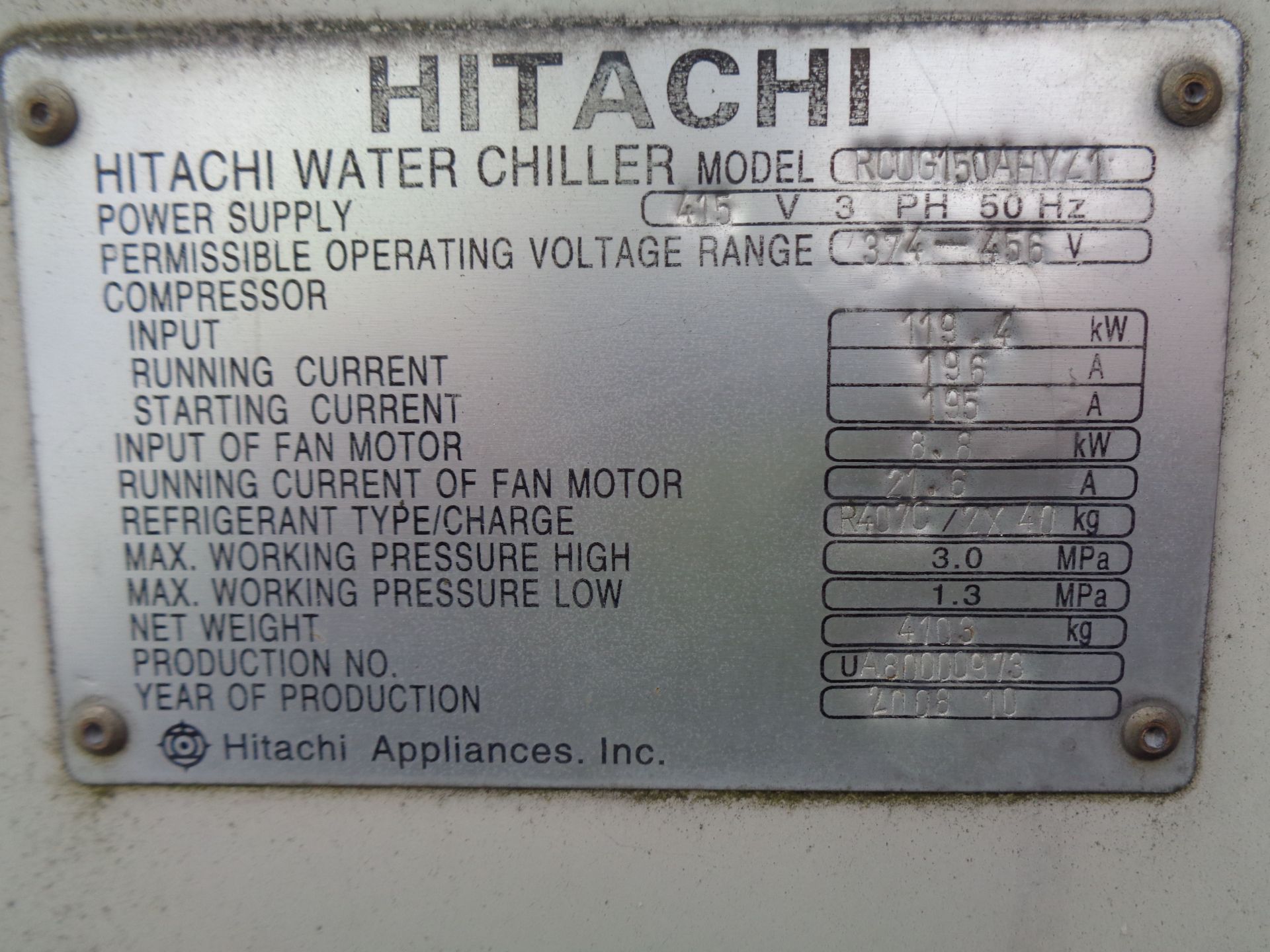 Hitachi ""H Series"" air cooled chiller model RCUG 150AHYZ1. 103 tons. New 2011. Chiller utilizes - Image 8 of 9