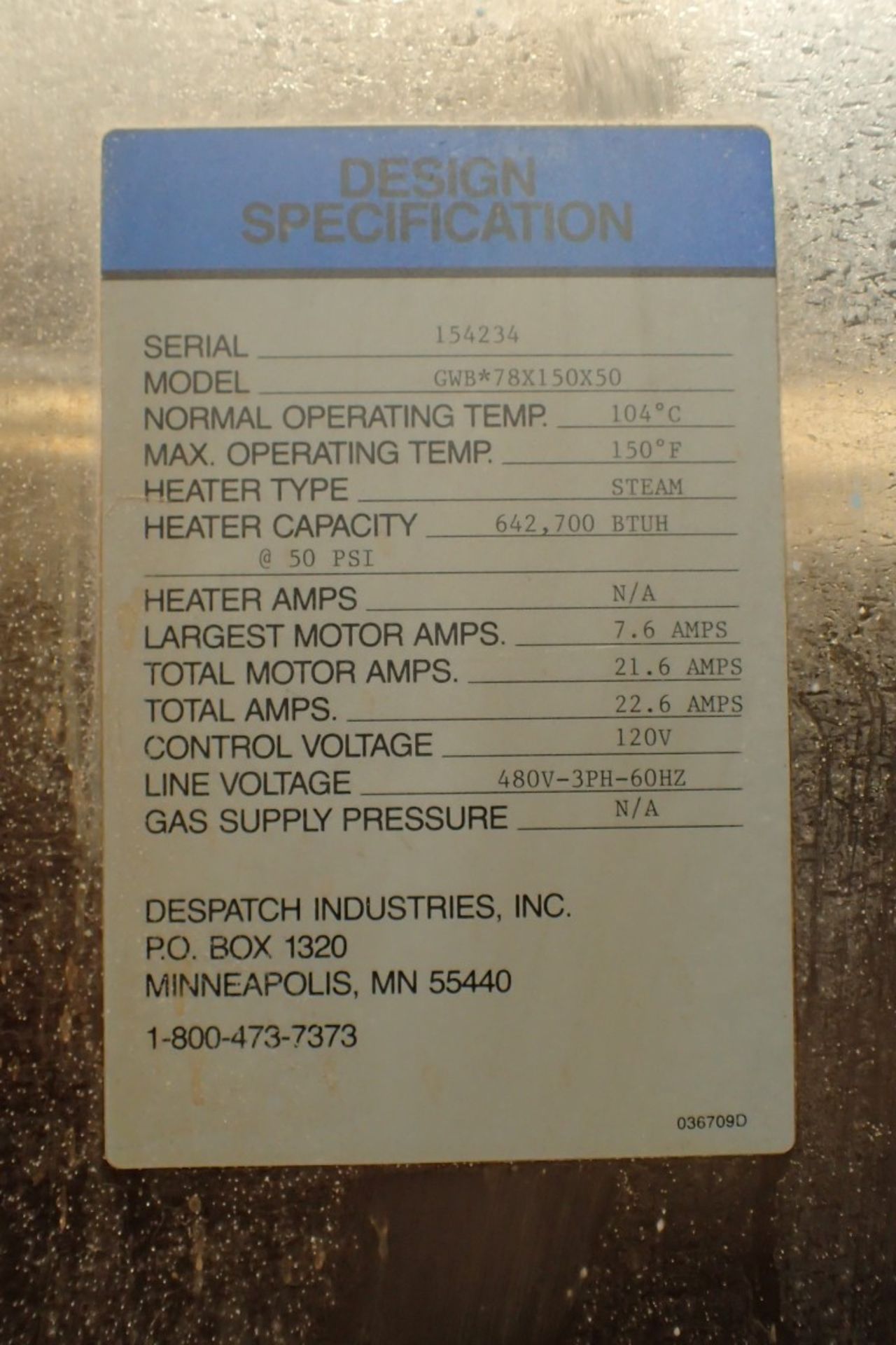 Despatch Pass Thru Cart Oven, Model GWB*78X150X50, Stainless Steel Construction. - Image 9 of 10