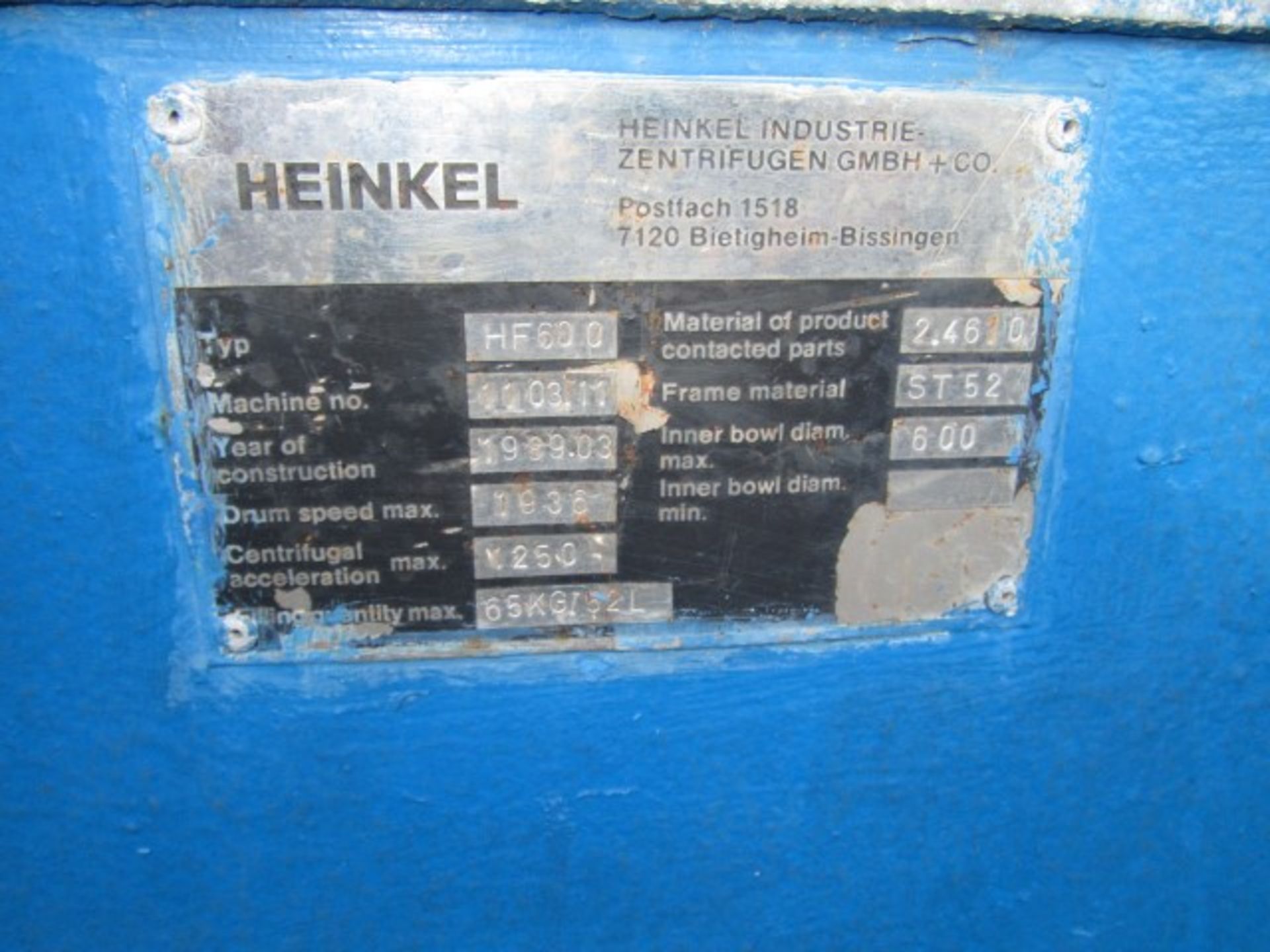 Heinkel HF-600 Inverting Filter Centrifuge. Hastelloy C-4 construction on product contact areas. - Image 4 of 11