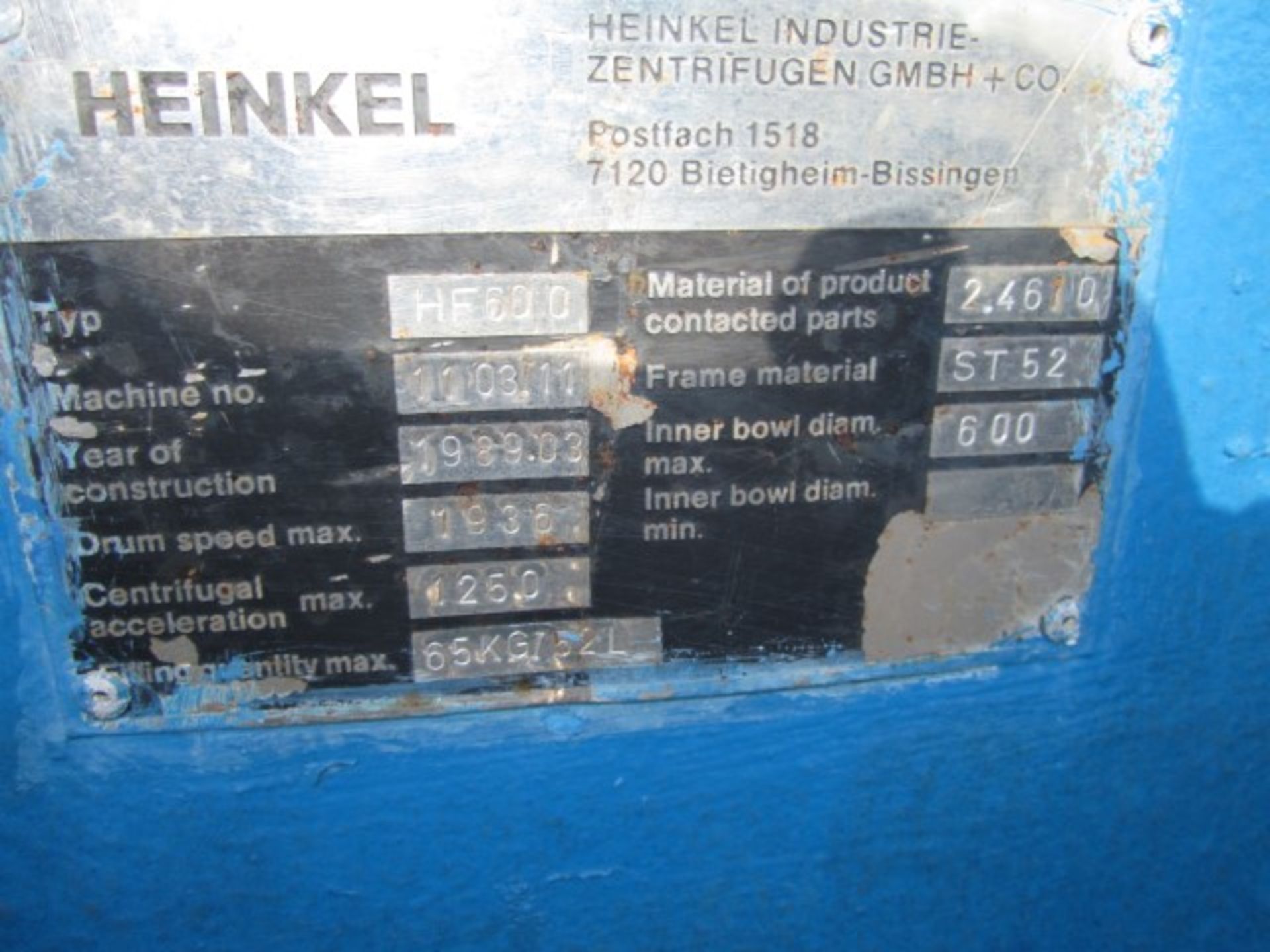 Heinkel HF-600 Inverting Filter Centrifuge. Hastelloy C-4 construction on product contact areas. - Image 5 of 11