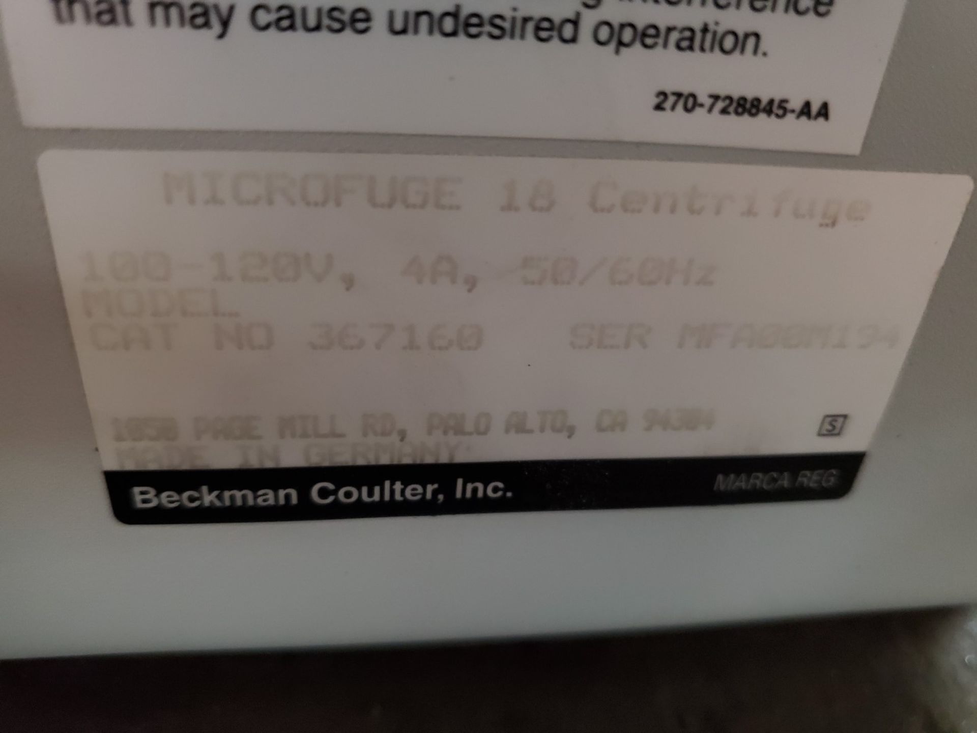 Beckman Coulter Microfuge 18 Centrifuge, 14000RPM max, with timer - Image 2 of 3