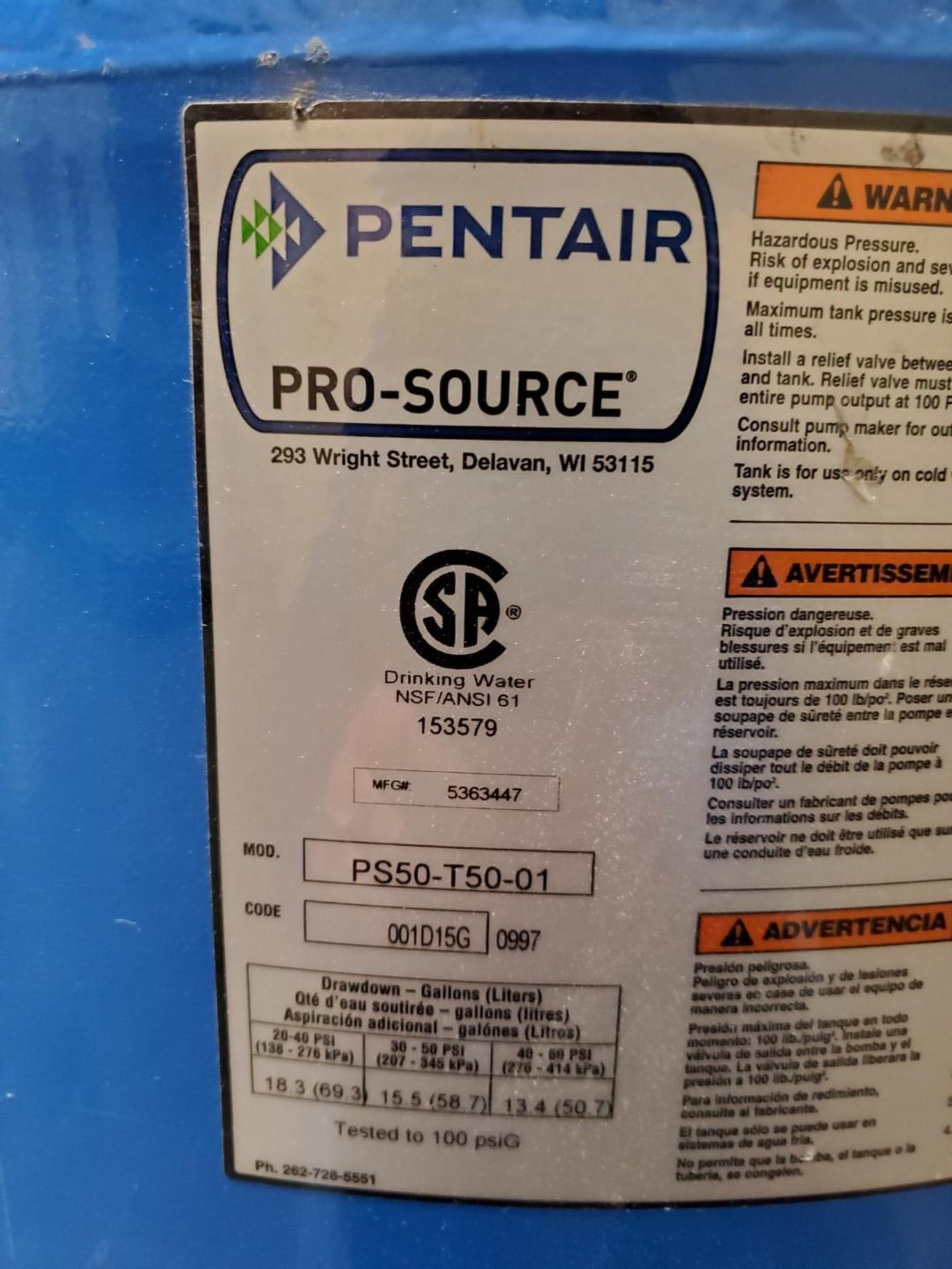 Pentair 50 Gallon Compressed Air tank, Model PS50-01, C/S - Image 2 of 4