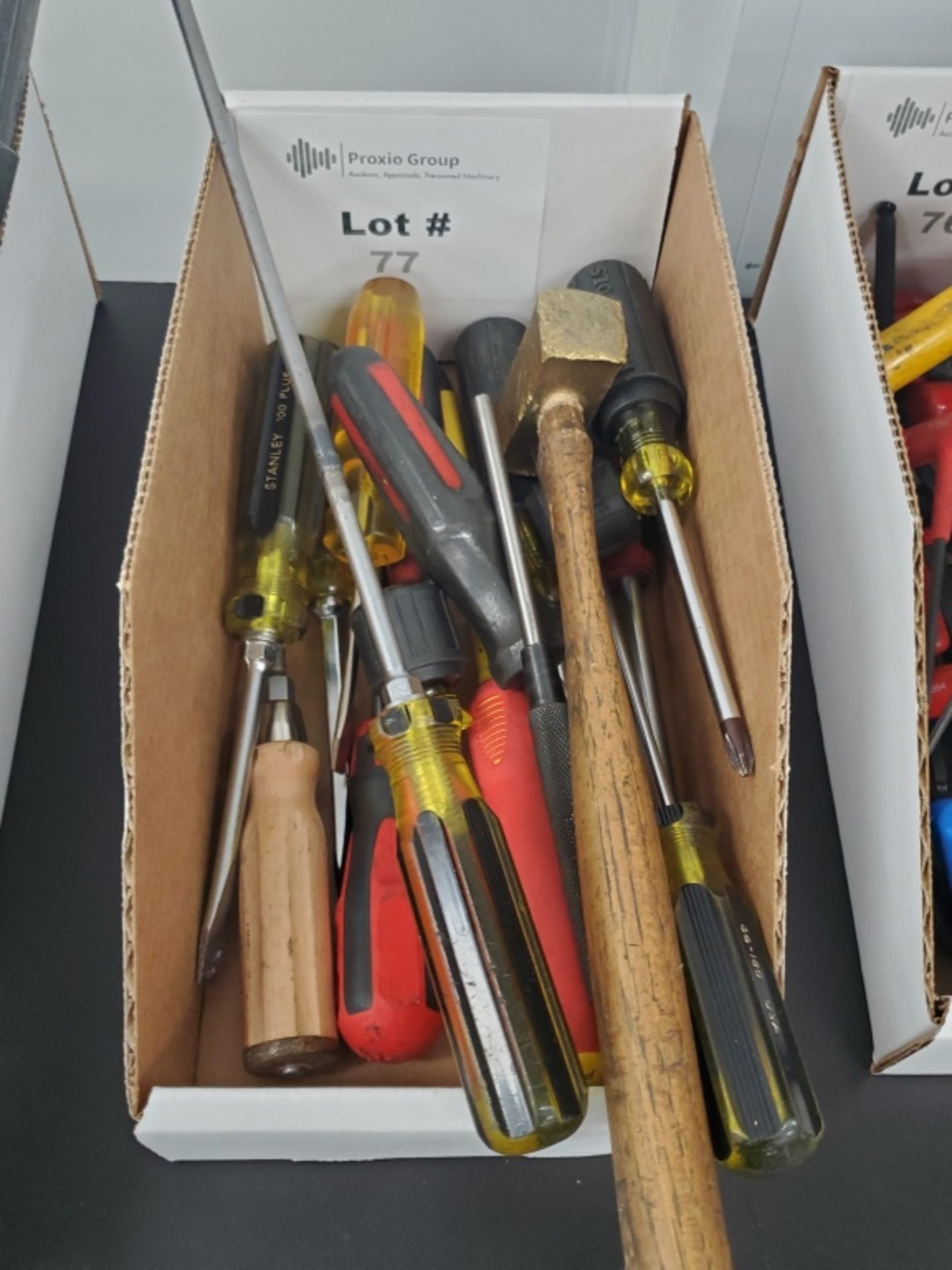 Lot Box of Various Size Tools Including Brass Head Hammer and Screw Drivers