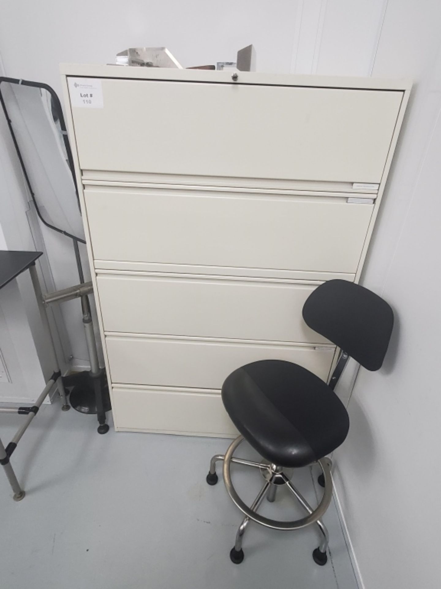 (5) Drawer Lateral Filing Cabinet With MiSc Parts, Lab Chair, Mirror on Stand Work Stand (Note