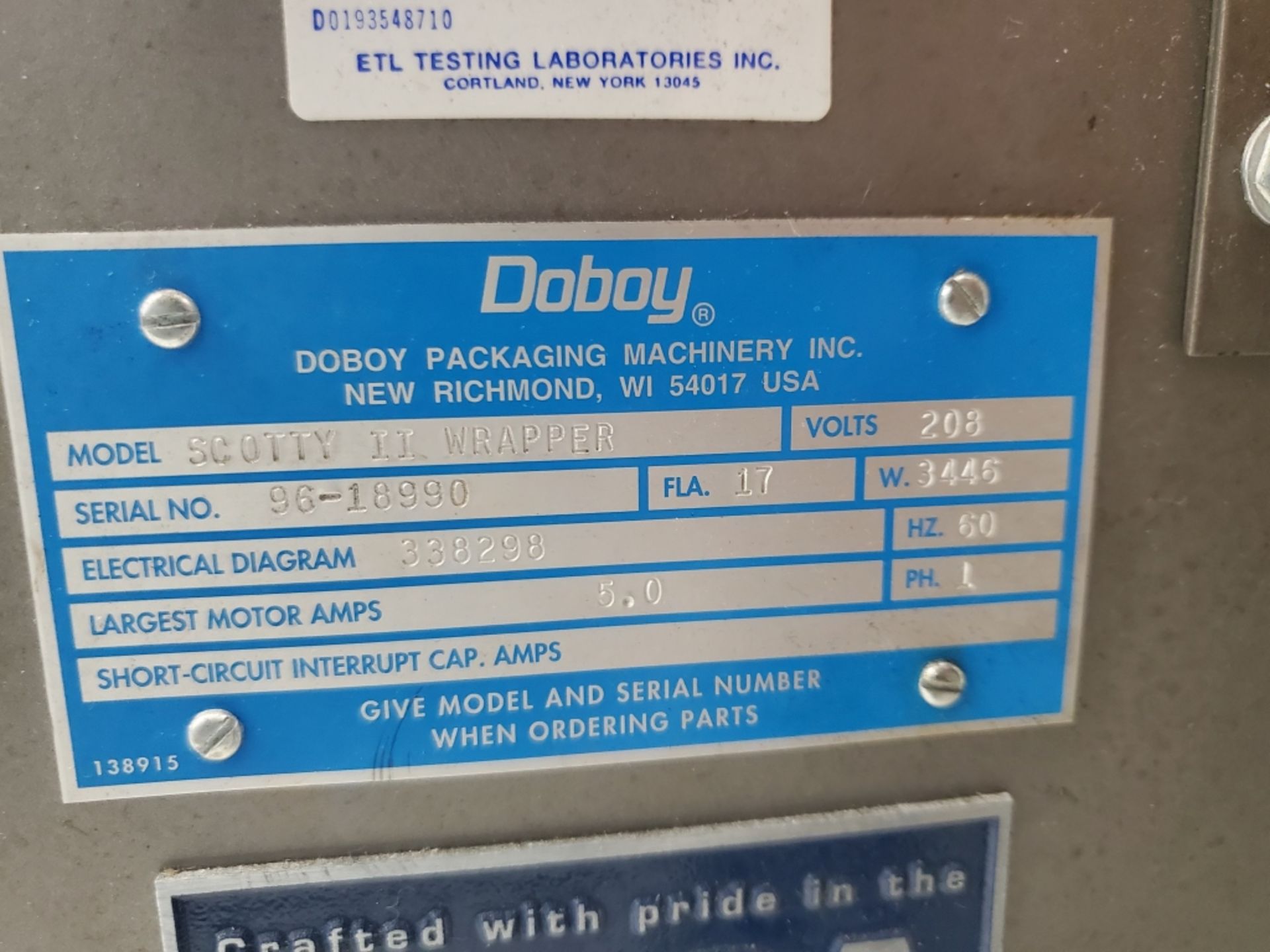 Doboy Model Scotty II Wrapper Over Wrapper 96-18990, 208V, 1ph, 60Hz - Image 8 of 9