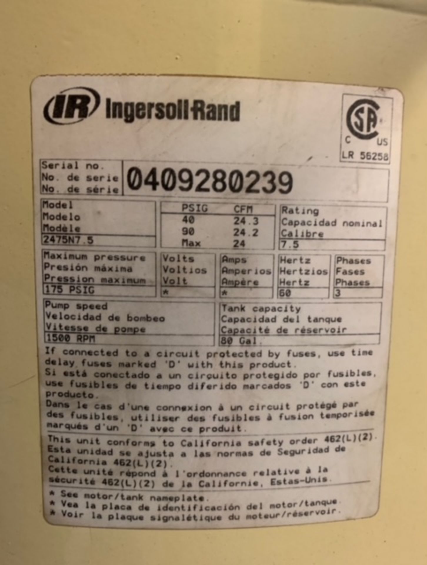 Ingersoll Rand Mdl. 2475N7.5 PSG Reciprocating 2-Stage Air Compressor, 7.5 HP - Image 7 of 10