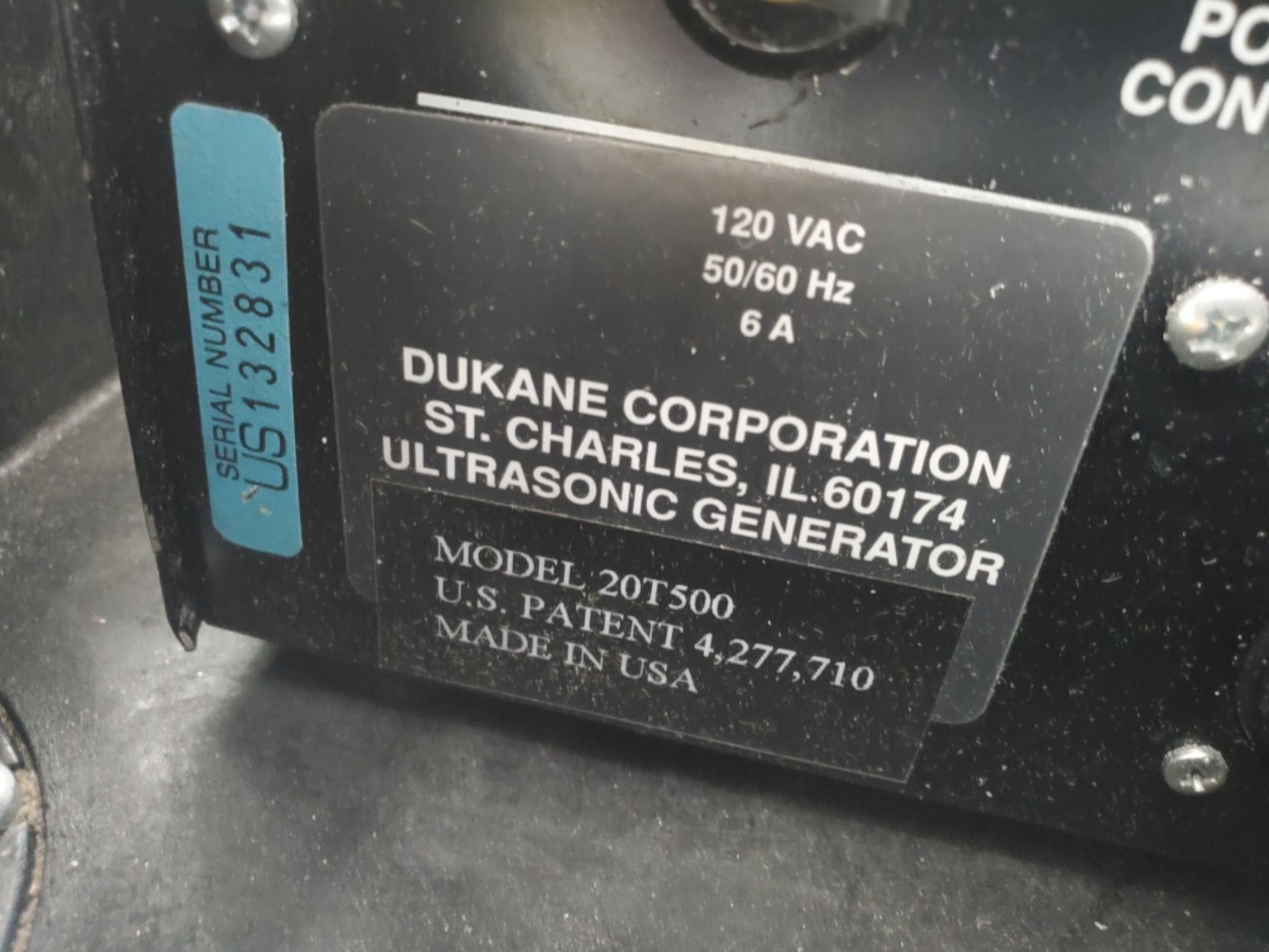 Dukane Model 20T500 Ultrasonic Generator w/ Ultrasonic Welding Head and Rubbermaid 2-Tier Tool Cart - Image 3 of 6