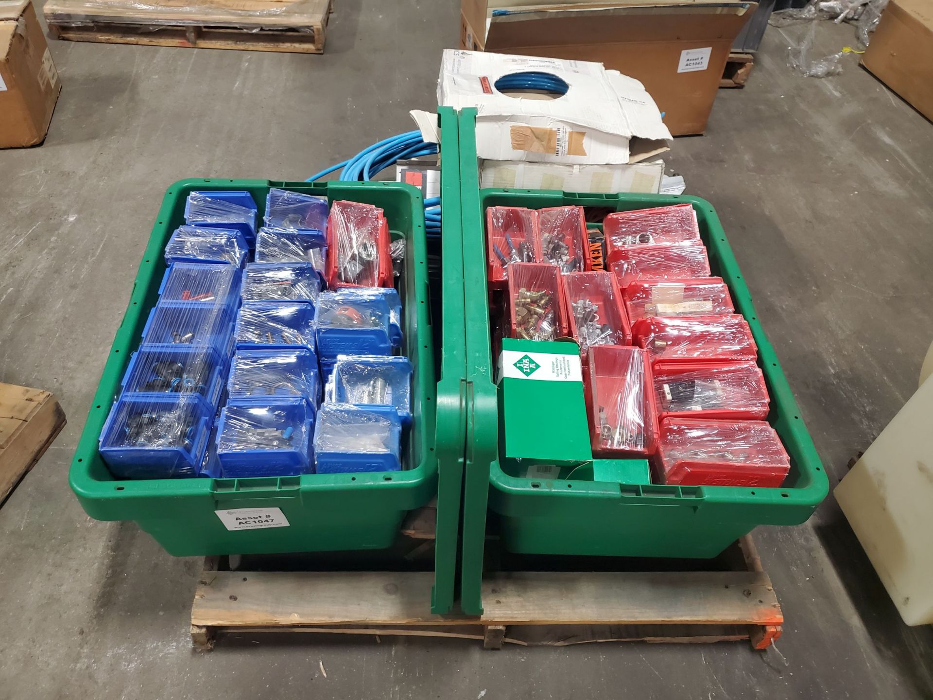 Skid of Misc Parts, Parts Bins, Totes, Pneumatic Hose