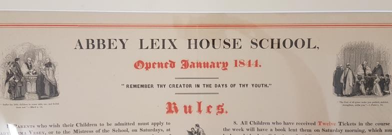 Abbey Leix House School. Rules. Opened January 1844. Broadsheet (52 x 44cms). Printed in red and - Image 2 of 2