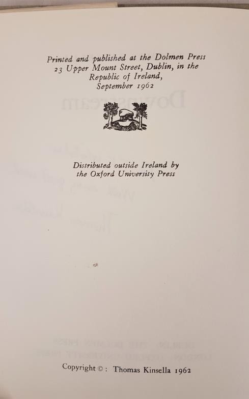 Kinsella, Thomas. Downstream. Dublin: Dolmen Press, 1962. 8vo. First edition. Beige cloth, title - Image 3 of 3