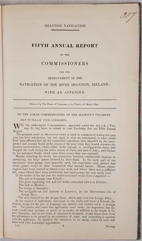 5th Annual Report for the Improvement of the Navigation of The River Shannon-Ireland. 1844. - Image 2 of 2