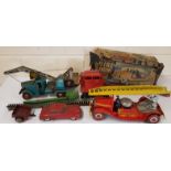 Mettoy Clockwork Fire Engine 3110-3, Schuco Ingenico Car and Trailer, along with 2 Tin Plate Cranes