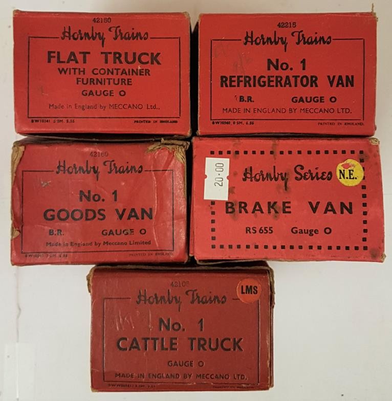 Five Hornby "0" Gauge Models - Flat Truck with Container; No.1 Refrigerator Van; No.1 Goods Van; - Image 2 of 2