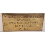 Brass Plaque - William Beardmore & Co. Ltd., Engineers. Speedwell Iron Works, Coatbride - No. 432