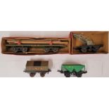 Four Hornby "0" Gauge Vehicles - No. 2 Lumber Wagon; No.1 Crane Truck; Cement Wagon; and Hopper