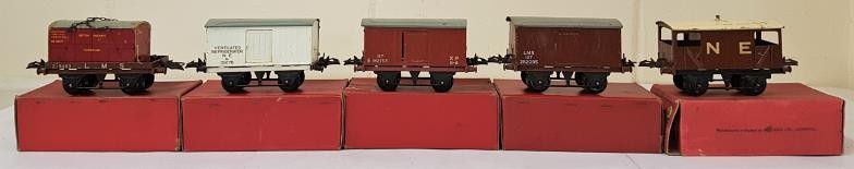 Five Hornby "0" Gauge Models - Flat Truck with Container; No.1 Refrigerator Van; No.1 Goods Van;