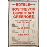 Poster: Great Northern Hotels: Rosstrevor, Bundoran, Greenmore. Fares and Tariffs. George Bruce