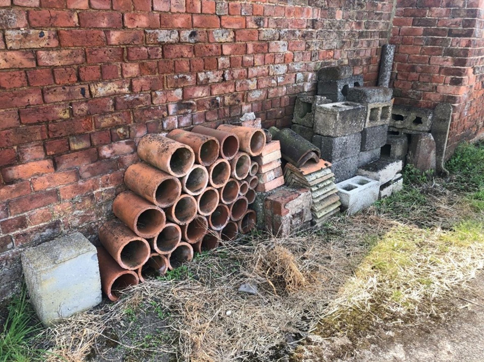 Qty concrete blocks, roof tiles, pipes