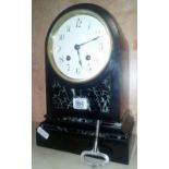 BLACK SLATE & MARBLE DOMED MANTEL CLOCK ARABIC NUMERALS WITH KEY, NO PENDULUM, SMALL CHIPS TO SIDE