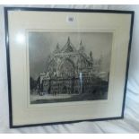 ETCHING OF EXETER CATHEDRAL SIGNED HANSLIP FLETCHER WITH OLD HAND WRITTEN LABEL ON THE BACK