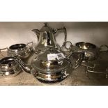 PLATED COFFEE POT, TEA POT, SUGAR BOWL & MILK BOWL ETC