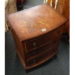 FLAME VENEERED BOW FRONTED CHEST OF 3 DRAWERS A/F