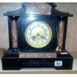 BLACK SLATE & MARBLE MANTEL CLOCK WITH PENDULUM - NO KEY