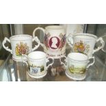 4 AYNSLEY LOVING CUPS WITH ROYAL THEMES & A MASON JUG