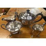 3 PIECE SILVER PLATE SET, TEAPOT, MILK JUG, SUGAR BOWL & UNMARKED WHITE METAL GRAVY BOAT