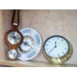 COALPORT WALL CLOCK, BRASS SHIPS STYLE CLOCK & WOODEN BAROMETER WITH THERMOMETER & HYGROMETER