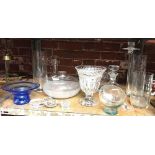 SHELF OF GLASSWARE WITH GOOD QUALITY VASE & 2 DECANTERS ETC