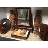 SHELF OF TREEN ITEMS, TOILET SWING MIRROR