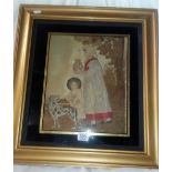 ANTIQUE WOOLWORK PICTURE OF MOTHER AND CHILD WITH DOG