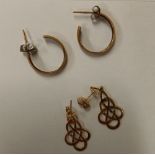 A PAIR OF 9ct HOOP EARRINGS & ANOTHER PAIR OF EAR PENDANTS