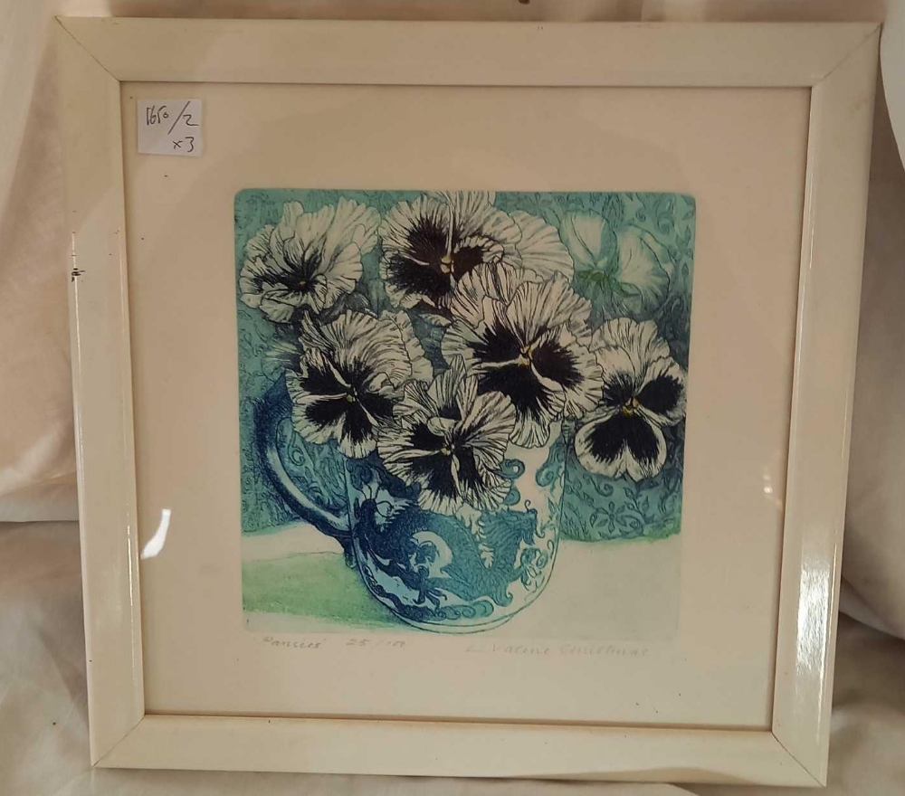 3 PENCIL SIGNED LIMITED EDITION ETCHINGS, TWO OF PANSIES BY VALERIE CHRISTMAS, THE OTHER ''FEATHER'' - Image 2 of 3