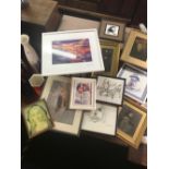 BOX CONTAINING WATERCOLOUR OF A VASE OF FLOWERS AND VARIOUS COLOUR PRINTS, SOME SIGNED,