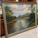 LARGE OIL PAINTING OF A MOUNTAIN RIVER SCENE