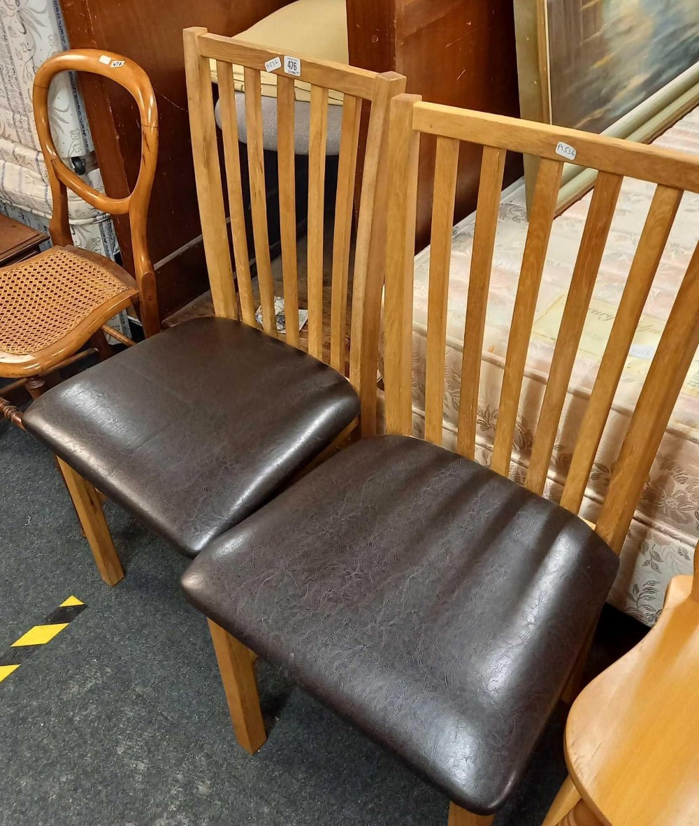 PAIR OF MODERN TEAK DINING CHAIRS WITH FAUX SEATS & A CANE SEATED CHAIR