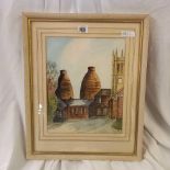 F/G WATERCOLOUR OF A VILLAGE SCENE OF OAST HOUSES
