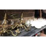 2 BRASS CHANDELIERS & QTY OF GLASS SHADES