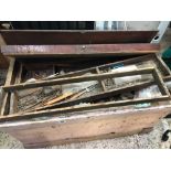 LARGE PAINTED WOODEN CHEST WITH QTY OF TOOLS