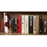 SHELF OF HARDBACK BOOKS & SMALL QTY OF DVD'S BEARING TITLES