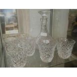 SET OF 6 CUT GLASS BEAKERS & HEAVY CUT GLASS SHIPS DECANTER