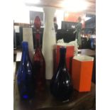 QTY OF CHINA VASES, COLOURED GLASS BOTTLES