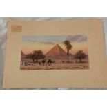 MIDDLE EASTERN DESERT SCENE WITH FIGURES & CAMELS WITH PALM TREES AND PYRAMID BEYOND. WATERCOLOUR.