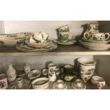 2 SHELVES OF WEDGWOOD MIRABELLE CHINAWARE & OTHER CHINAWARE & GREEN & WHITE MASON DINNER WARE