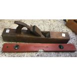 LARGE PERIOD WOODEN PLANE, SPIRIT LEVEL